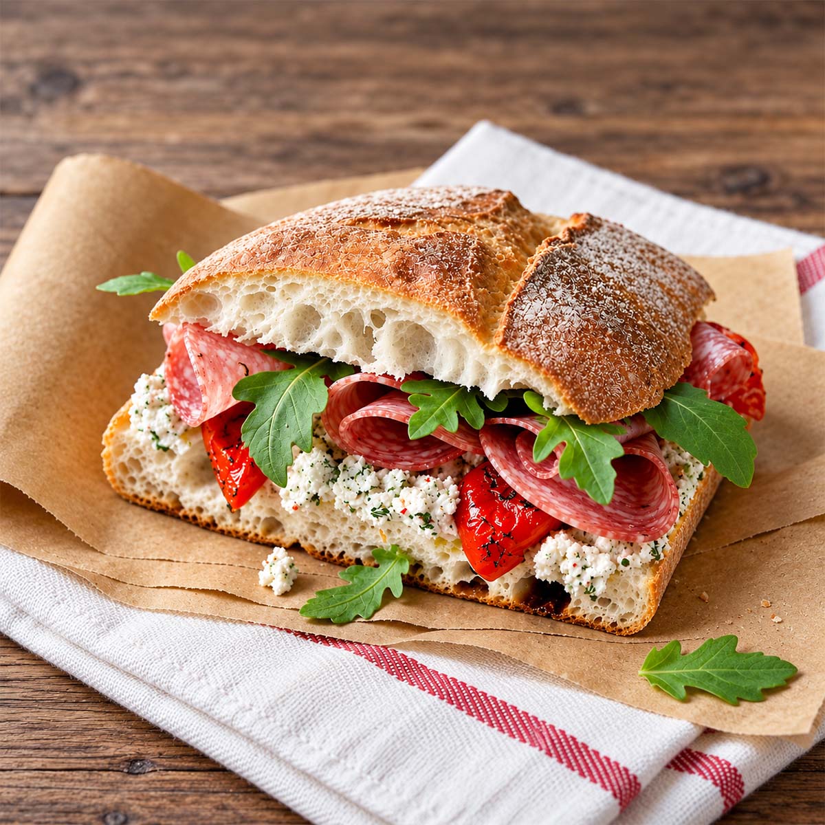 A freshly made sandwich with crusty bread, filled with slices of salami, roasted red peppers, arugula, and a spread of soft cheese, resting on brown paper atop a cloth.